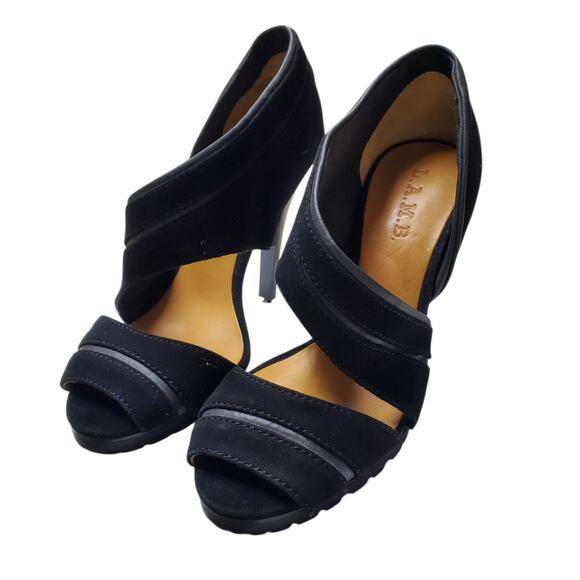 Y2k L.A.M.B. Gwen Stefani Suede Black Peep Toe Heels - Size 7 - Picture 5 of 7